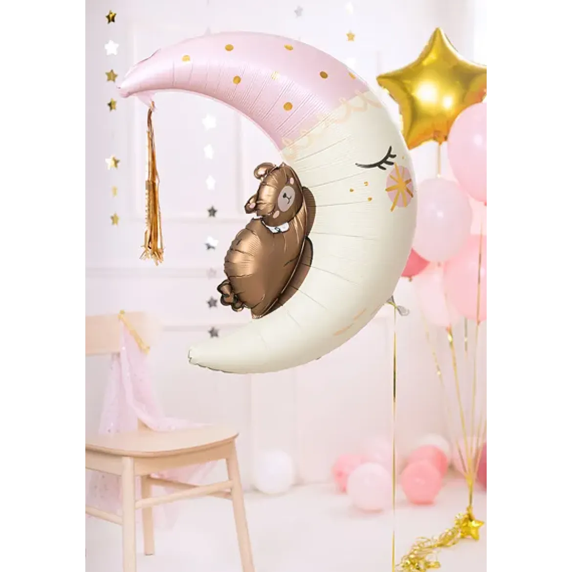 Folieballong, teddybear on the moon rosa 80x98 cm