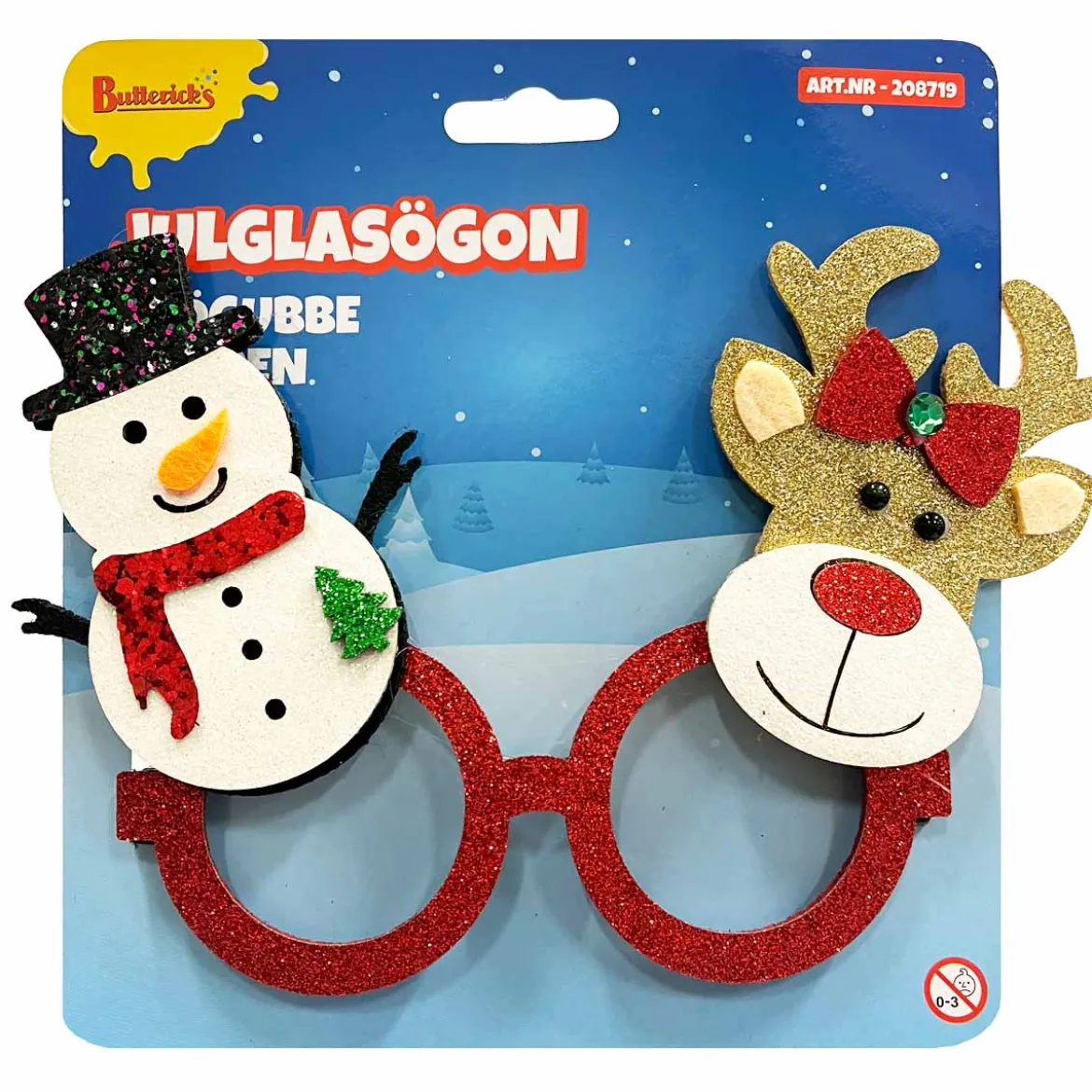 Glasögon, snögubbe och ren