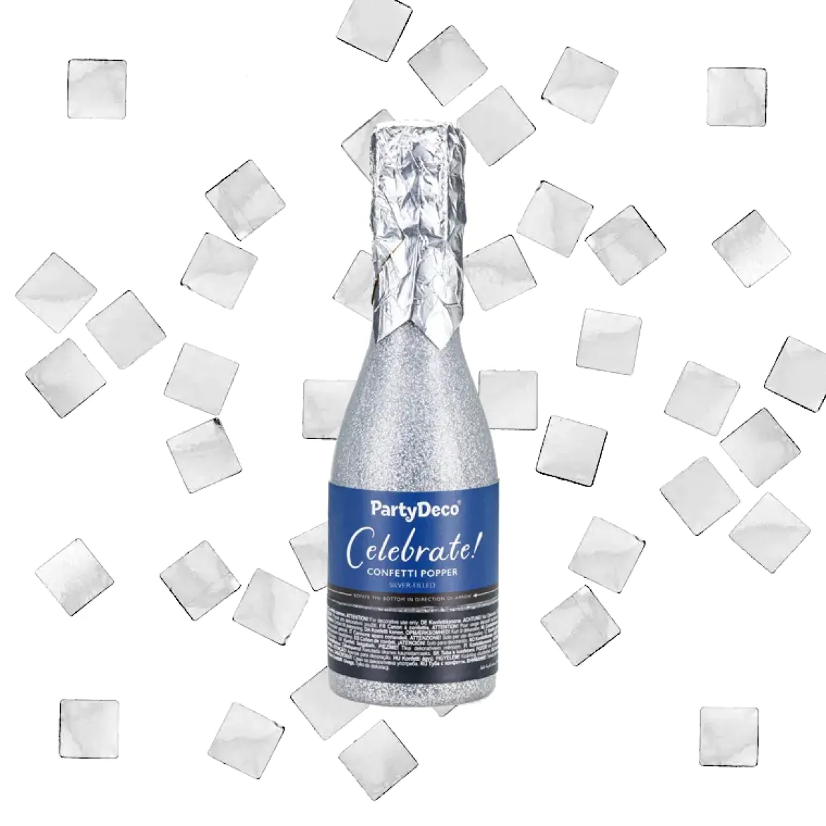 Konfettibomb, champagneflaska silver metallic 20,5 cm
